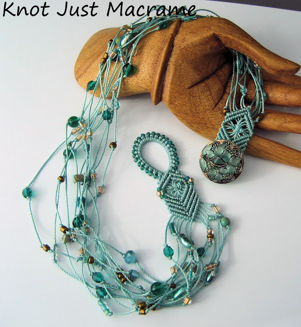 Beaded macrame necklace multiple strands in aqua teal