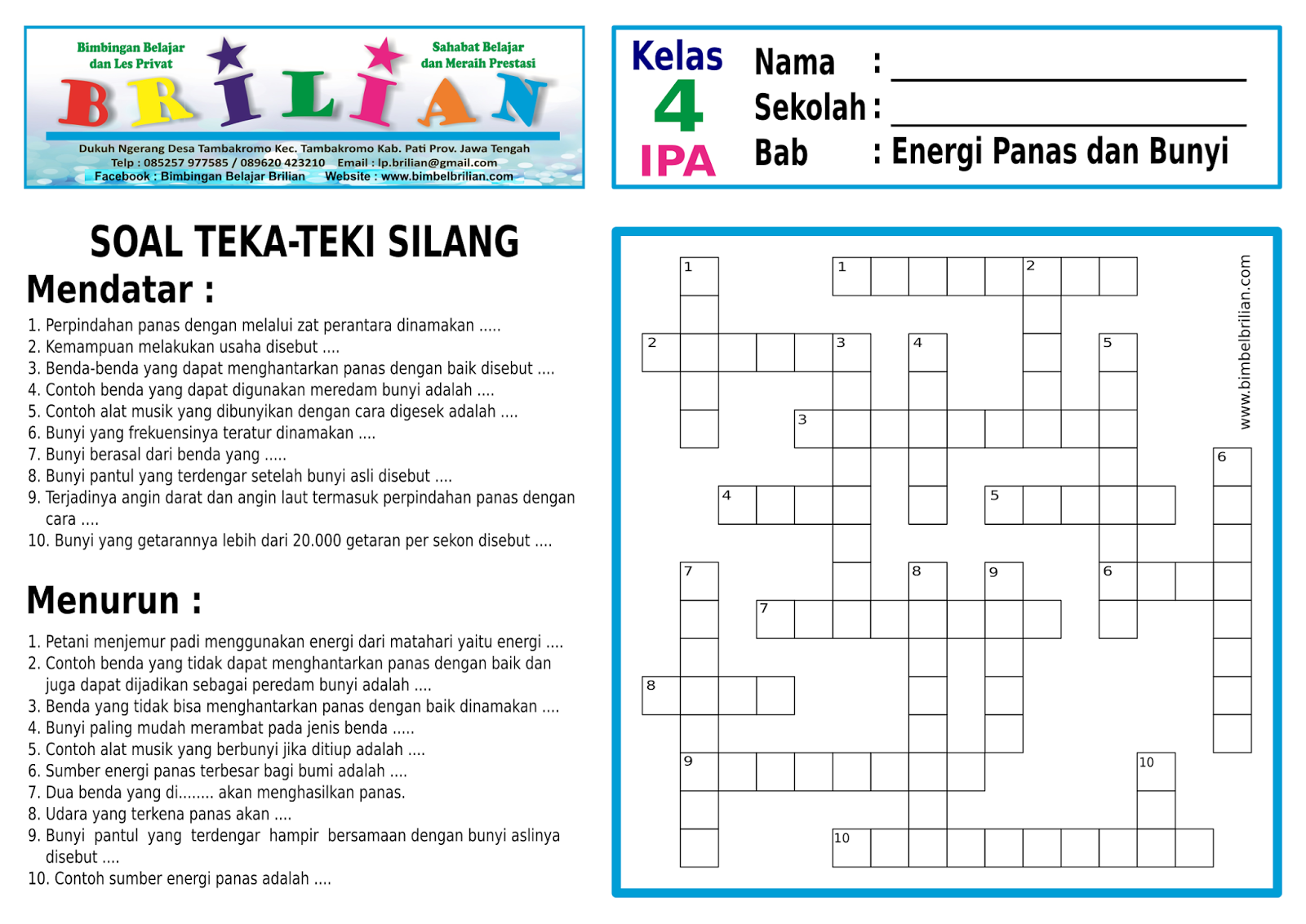 Soal Teka-Teki Silang ( TTS ) IPA Kelas 4 SD Bab 8 Energi 