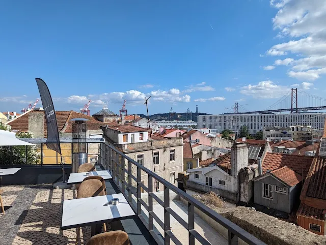 View of Ponte 25 de Abril from Go A Rooftop Bar in Lisbon in June