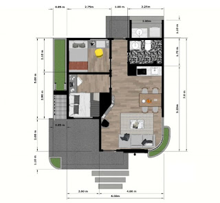 Plan maison moderne 42 m2 avec salon et 2 chambres