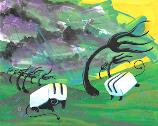 An acrylic painting depicting two white toasters frolicking among green grassy hills. There are random trees that are forks, and a yellow sky. There is a large, dark, purple and gray storm cloud in the sky above and behind them.