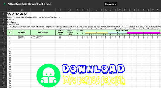 Aplikasi Raport PAUD Otomatis untuk Umur  Aplikasi Raport PAUD Otomatis untuk Umur 2-3 Tahun Format Excel Terbaru