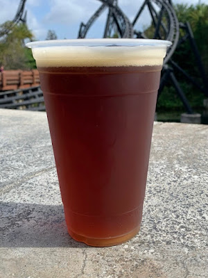 A pint of Dark Forest Ale sitting on a wall in front of the Velicoaster Track