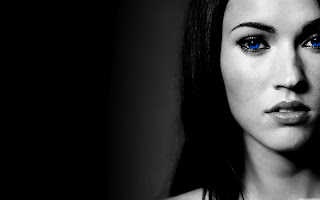 Megan Fox Blue Crystal Eyes Black and White Selective Color Photography HD Wallpaper