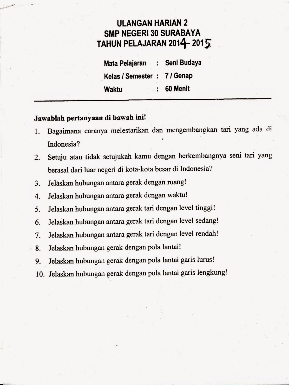 UHB Ulangan Harian Bersama Seni Budaya SMP Kelas 7 Semester Genap 2014 2015