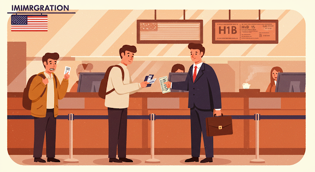 미국 공항 입국 심사대 앞에서 서류를 확인하며 긴장한 표정의 여행자