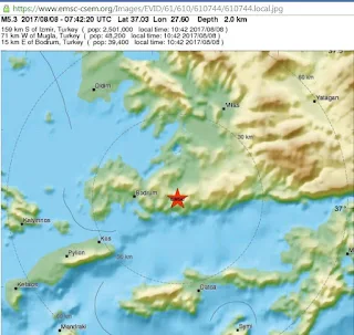 tremblement de terre de magnitude 5,3 à 15 kilomètres de Bodrum