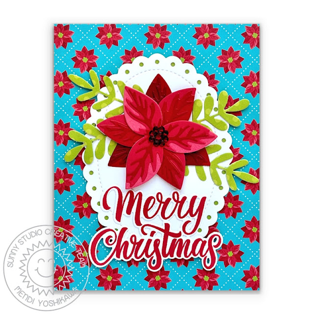 Sunny Studio Blog: Blue Poinsettia Christmas Card (using Holiday Greetings Stamps, Pristine Poinsettia, Winter Greenery & Scalloped Oval Mat 2 Dies and Joyful Holiday 6x6 Paper)