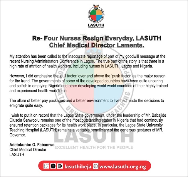 Re- Four Nurses Resign Everyday, LASUTH Chief Medical Director Laments