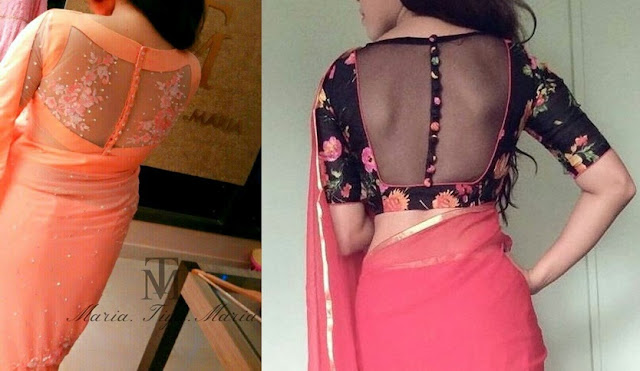 30 Pretty Sheer Back Neck Blouse Designs || Transparent blouse for ...