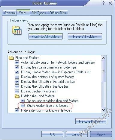 Chọn tuỳ chọn Show hidden files and folders