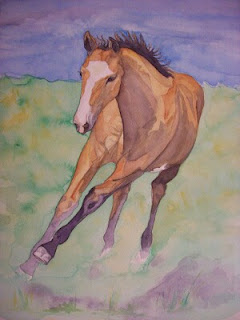 young horse running custom painting, horse watercolor by Sue Steiner, Free Rein Art Studio