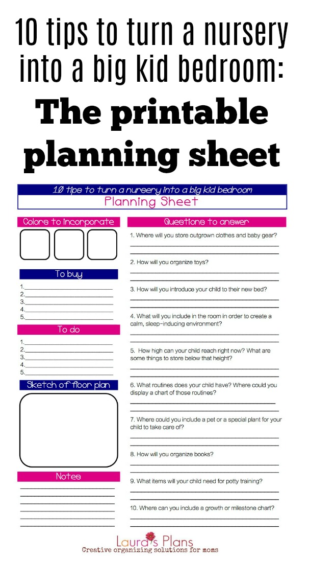 A free printable planning worksheet to you help you design a big kid bedroom for your toddler when they're ready to transition out of the nursery.