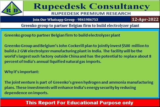 Greenko group to partner Belgian firm to build electrolyzer plant - Rupeedesk Reports - 12.04.2022