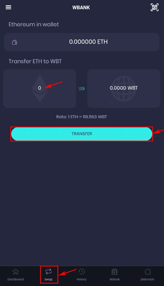 Конвертация токенов в WBank Wallet