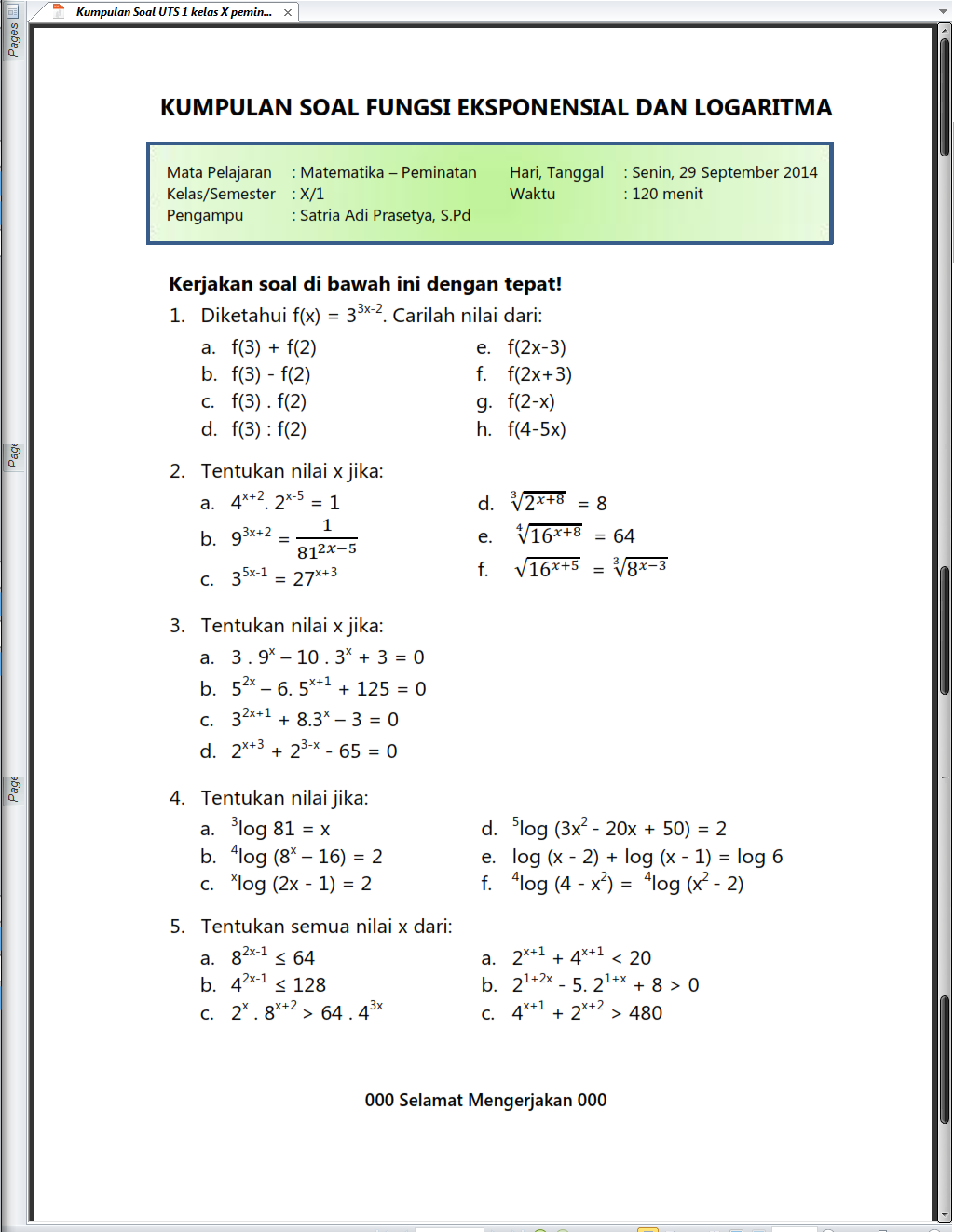 Contoh Soal Matematika Peminatan Kelas 10 Semester 2