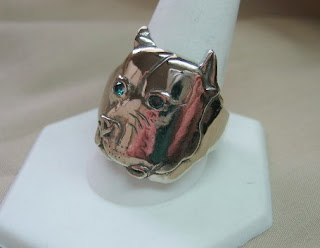 unique custom bulldog ring with blue diamond eyes