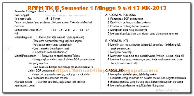 RPPH TK B Semester 1 Minggu 9 s/d 17 KK-2013