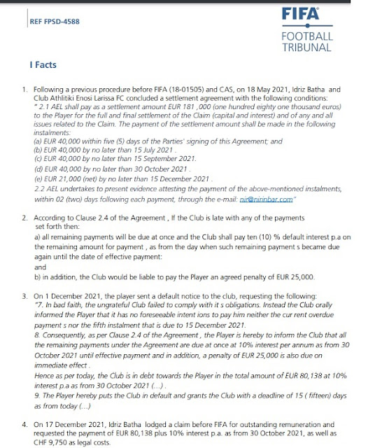 FIFA Football Tribunal document relating to Idriz Batha and Ael Larissa issue