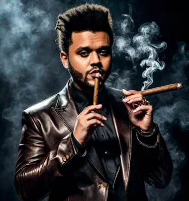 The Weeknd smoking two cigars and wearing a black leather blazer