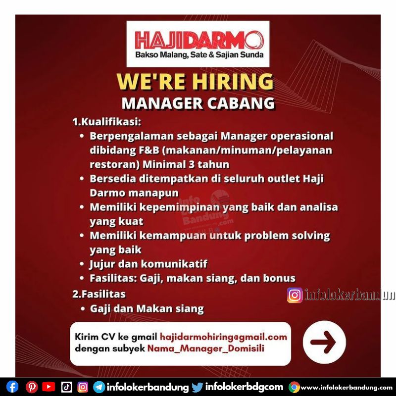 Lowongan Kerja Manager Cabang Haji Darmo Baso Malang, Sate & Sajian Sunda Bandung Agustus 2022