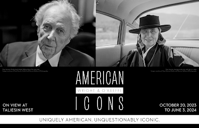 black and white graphic for the Taliesin West exhibit "American Icons: wright and O'Keeffe" with portraits of Frank Lloyd Wright and Georgia O'Keeffe