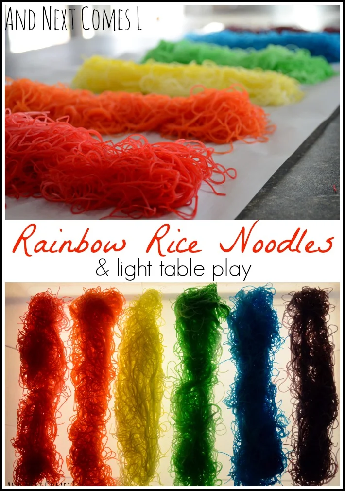 Rainbow dyed rice noodles and light table play from And Next Comes L