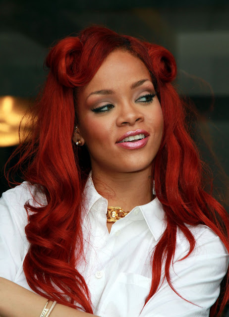 Rihanna Red Color Hairstyle 2011 Latest Real Life Pictures