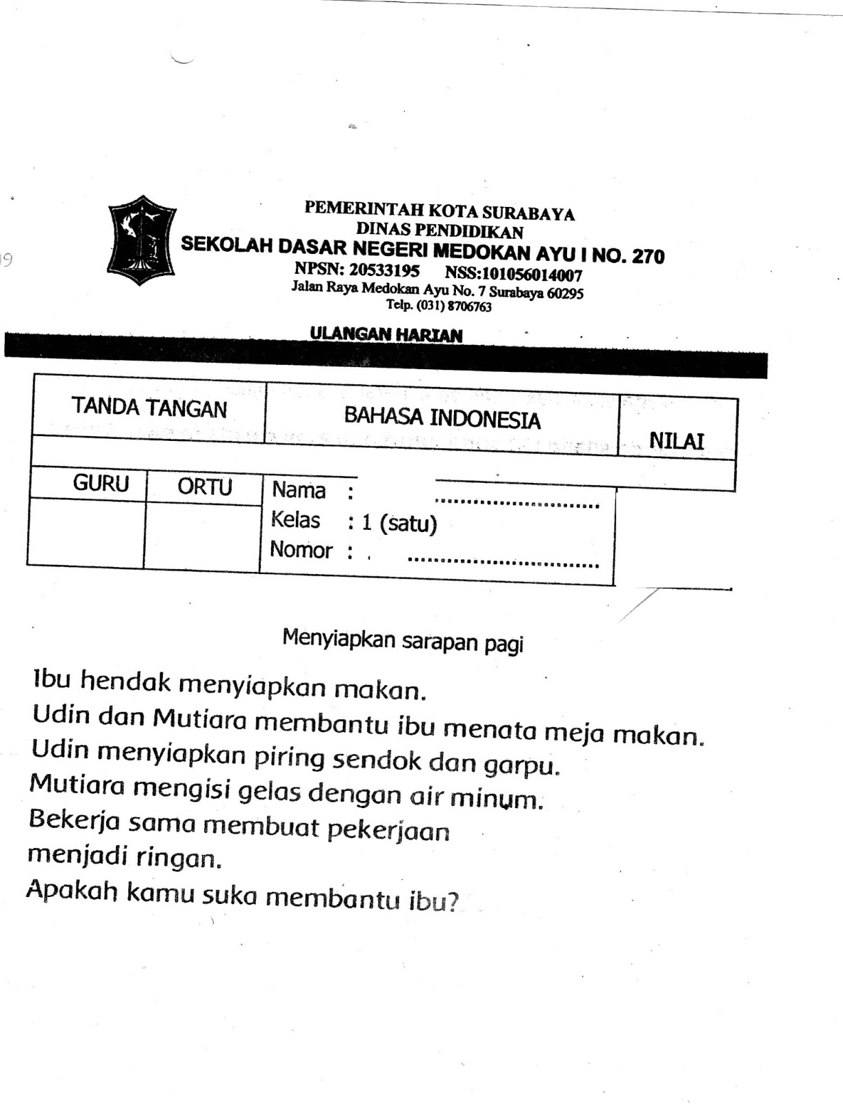 Ulangan Harian Matapelajaran Bahasa Indonesia SD Kelas 1 Semester Ganjil TA 2014 2015 Kurikulum 2013