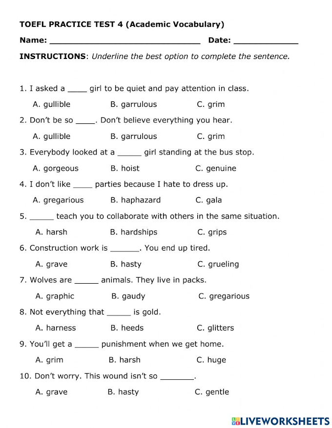 Free TOEFL Worksheet 10: Improve Your Vocabulary