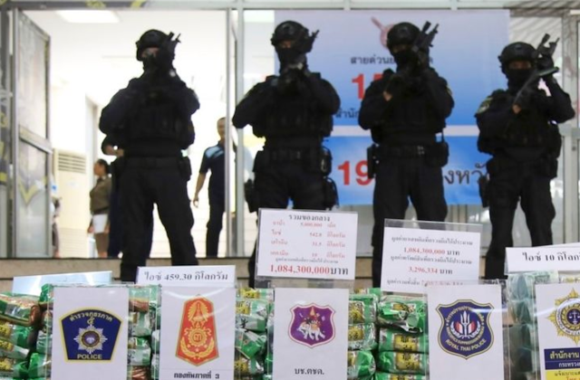 "Thai police stand in front of displayed packages of crystal methamphetamine during a press conference at the Narcotics Suppression Bureau in Bangkok, Thailand, on July 15, 2019. (AP)"