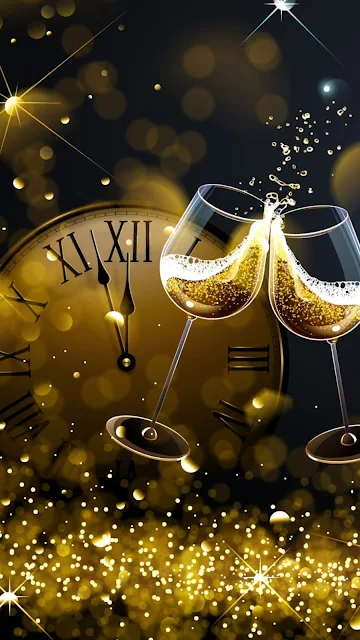 New Year, Champagne Glass, Clock, Golden, Glitter, iPhone Wallpaper