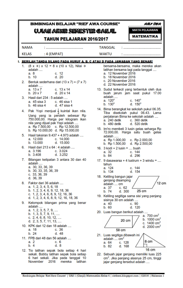 Download Soal UAS Ganjil Matematika Kelas 4 Semester 1 T.A ...