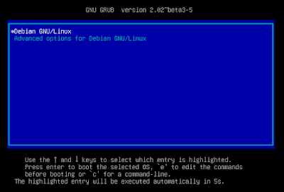 Tampilan bootloader GRUB pada linux debian