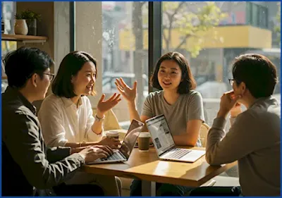 카페에 모여 대화하며 교류하는 1인 창업가들. 느슨한 연대를 통해 자영업자 정신 건강을 챙기는 모습.