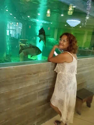 " Shachem Lieuw at the aquarium tank in the dining room of Lucky Twins Paramaribo"