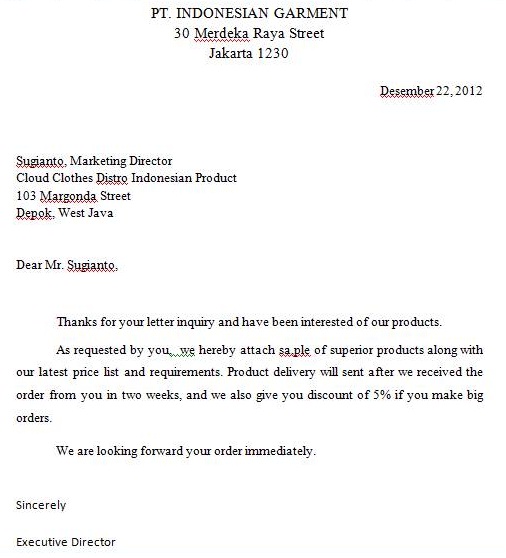 Deay Project. . . . .: Inquiry letter of English Business 