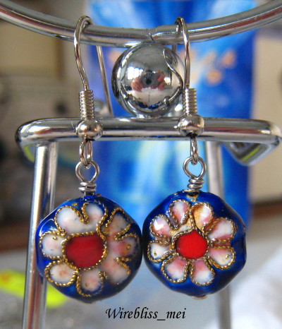 wire wrap earrings with Chinese cloisonne beads