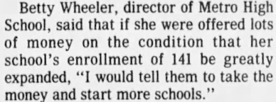 newspaper article 1976 Metro High School founded by Betty M Wheeler