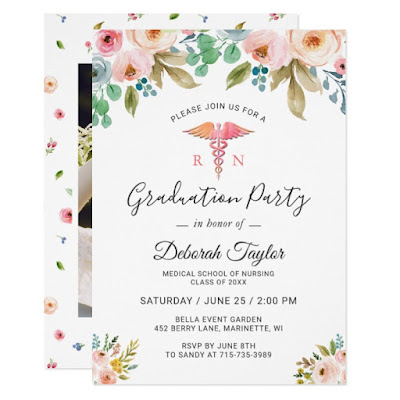  Watercolor Floral Nurse Graduate Photo Graduation Invitation