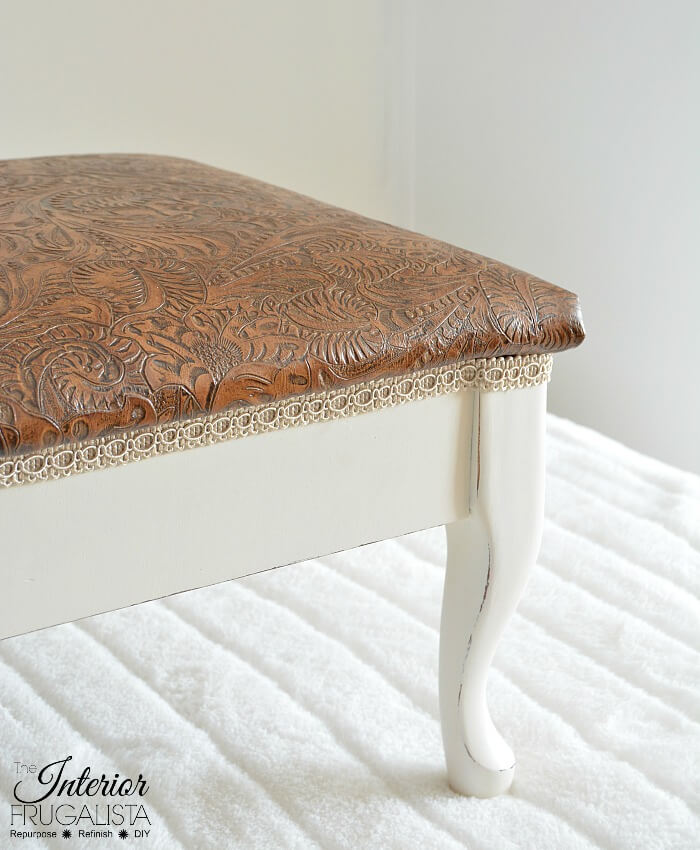 Curvy Embossed Leather Footstool Decorative Trim