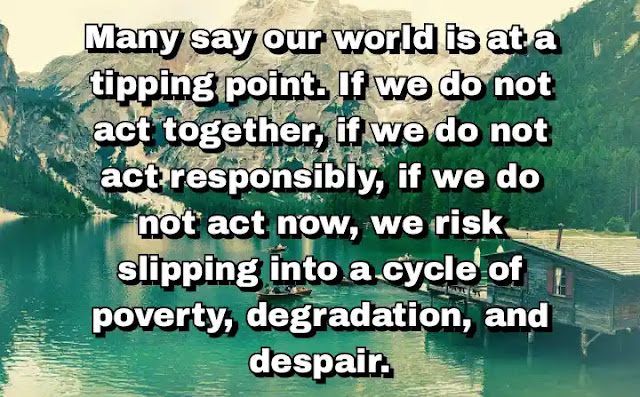 "Many say our world is at a tipping point. If we do not act together, if we do not act responsibly, if we do not act now, we risk slipping into a cycle of poverty, degradation, and despair." ~ Ban Ki-moon