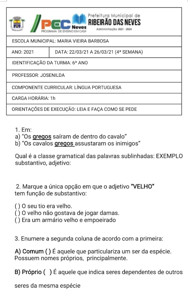 Atividade Língua Portuguesa -  Revisão 6º ANO
