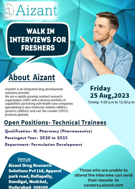 Aizant Drugs | Walk-in interview for M.Pharmacy Freshers on 25th Aug 2023
