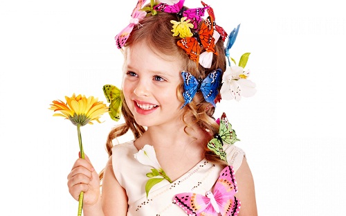 Smiling Baby Girl with Butterfly & Flowers