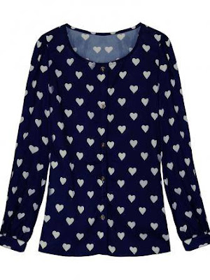  Women Round Neck Heart Printed Chiffon Long Sleeve Blouse