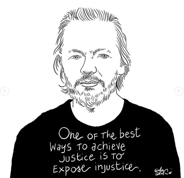 <<Una delle migliori maniere per ottenere giustizia è quella di rivelare l'ingiustizia>>. Citazione di Julian Assange e immagine di Gianluca Costantini