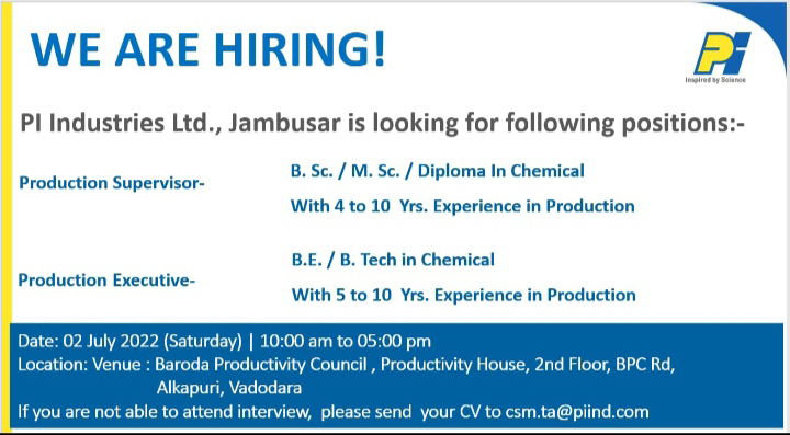 Job Available's for PI Industries Ltd Job Vacancy for BSc/ MSc/ Diploma Chemical/ BE/ B Tech Chemical