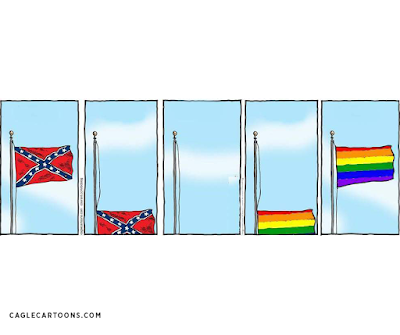 five panel strip showing confederate flag coming down and rainbow flag being raised