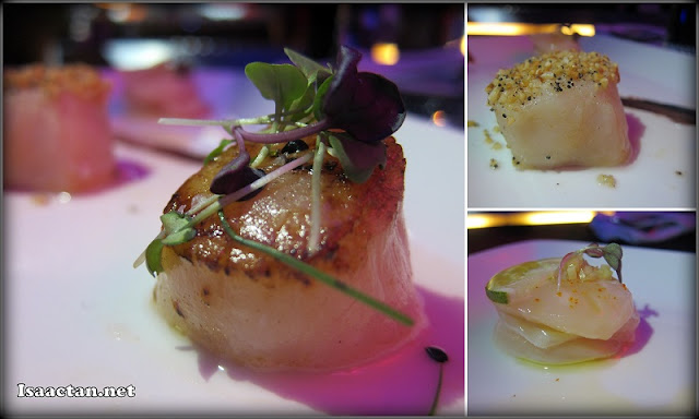 Experience #1: Scallop Trinity: Scallop carpaccio, Scallop topped with toasted almonds and rice, Plain pan-seared scallop